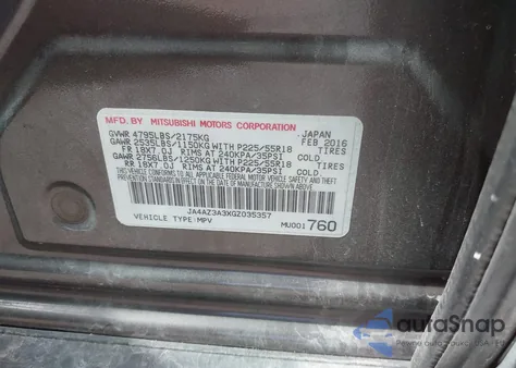 2016 Mitsubishi Outlander Es из США, поврежденный, VIN JA4AZ3A3XGZ035357